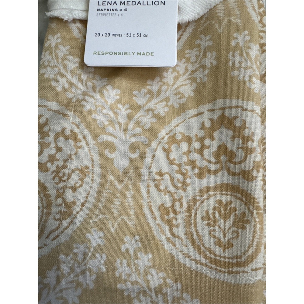 Pottery Barn Lena Medallion Yellow Set/4 Organic Cotton Napkins 20"x20" New! - Picture 3 of 6